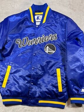 Golden State Warrriors Blue Satin Starter Jacket Size Large Spellout Back Hit 🔥
